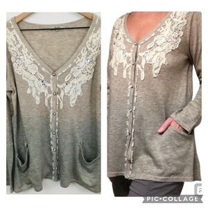 Miss Me Ombré Cardigan Lace Rhinestones Crystal Accents Size L Beige/Gray